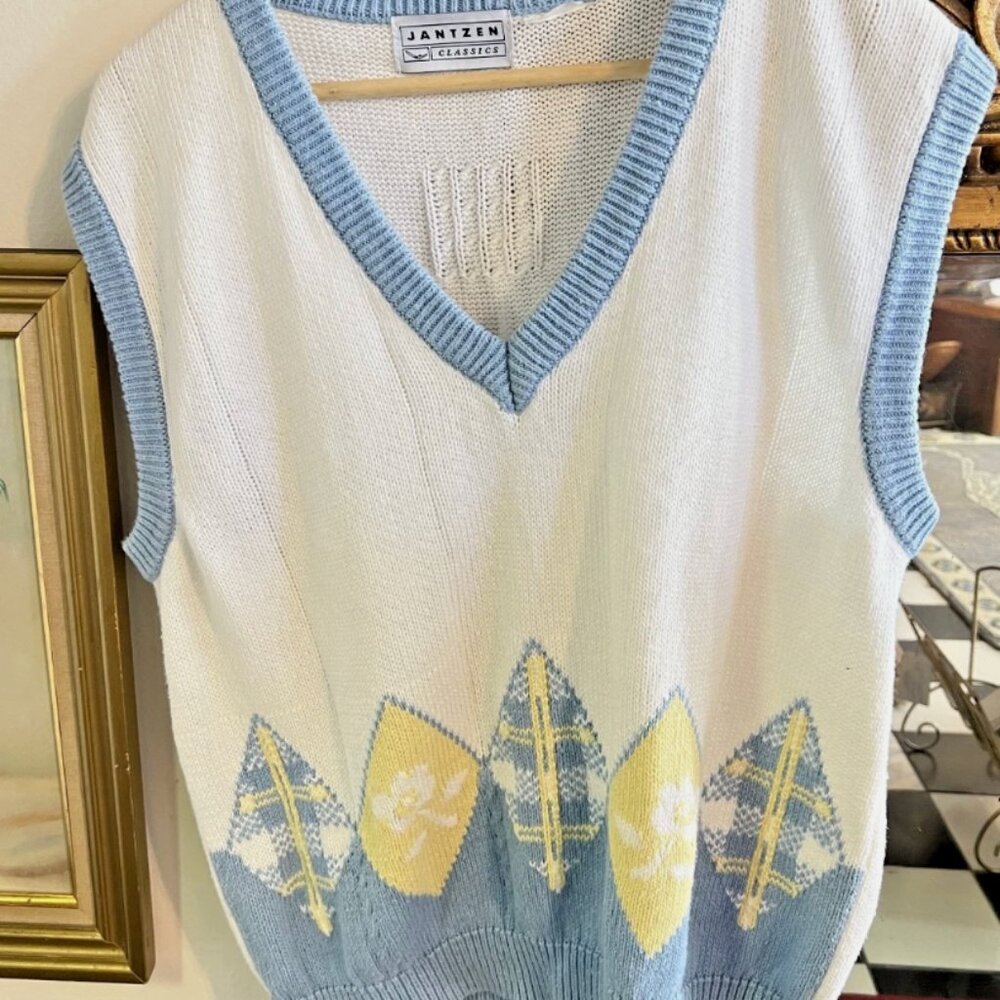 Vintage 90s Knit Sweater Vest Coastal Beach Spring Blue White XL